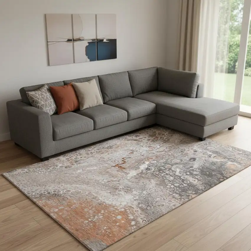 Terra Cotta Ivory And Gray Abstract Washable Area Rug With UV Protection Photo 1