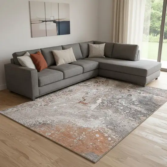 Terra Cotta Ivory And Gray Abstract Washable Area Rug With UV Protection Photo 1