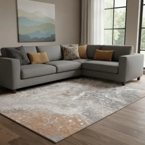 Terra Cotta Ivory And Gray Abstract Washable Area Rug With UV Protection Photo 1