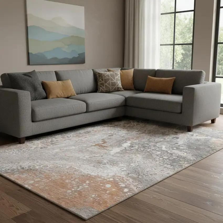 Terra Cotta Ivory And Gray Abstract Washable Area Rug With UV Protection Photo 1