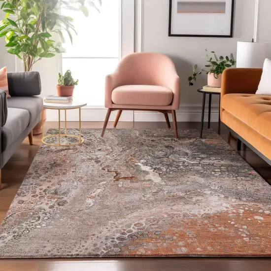 Terra Cotta Ivory And Gray Abstract Washable Area Rug With UV Protection Photo 5