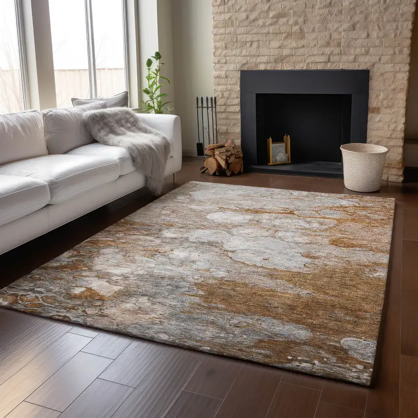 Terra Cotta Ivory And Gray Abstract Washable Area Rug With UV Protection Photo 5