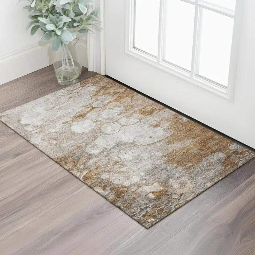 Terra Cotta Ivory And Gray Abstract Washable Area Rug With UV Protection Photo 1