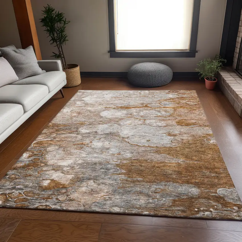Terra Cotta Ivory And Gray Abstract Washable Area Rug With UV Protection Photo 4