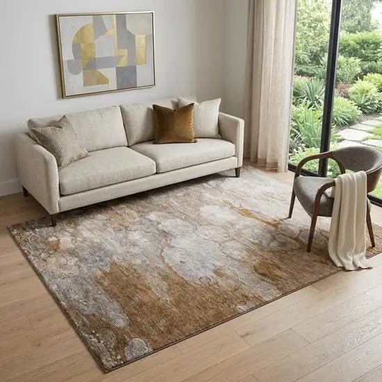 Terra Cotta Ivory And Gray Abstract Washable Area Rug With UV Protection Photo 1