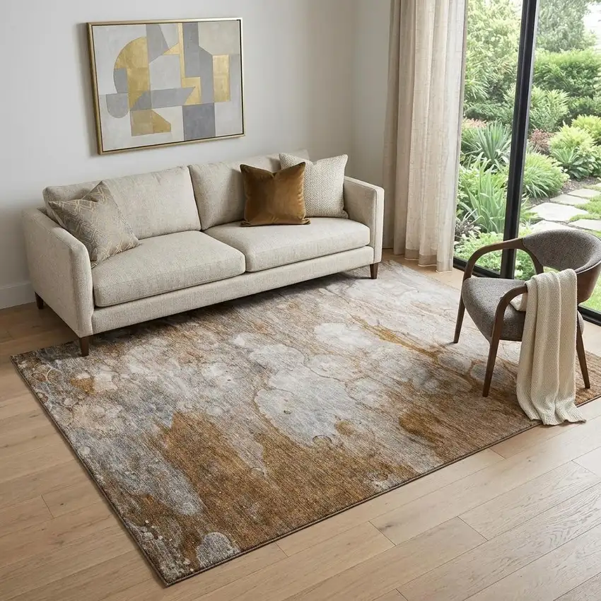 Terra Cotta Ivory And Gray Abstract Washable Area Rug With UV Protection Photo 1
