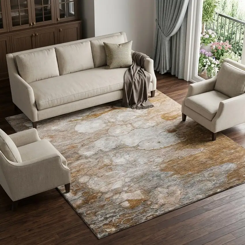 Terra Cotta Ivory And Gray Abstract Washable Area Rug With UV Protection Photo 1