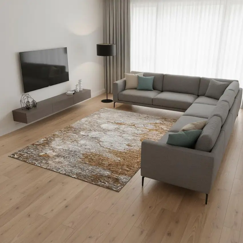 Terra Cotta Ivory And Gray Abstract Washable Area Rug With UV Protection Photo 1