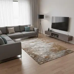 Photo of Terra Cotta Ivory And Gray Abstract Washable Area Rug With UV Protection