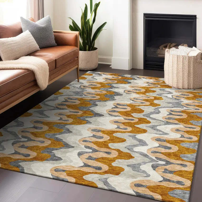 Terra Cotta Ivory And Gray Abstract Washable Area Rug With UV Protection Photo 6