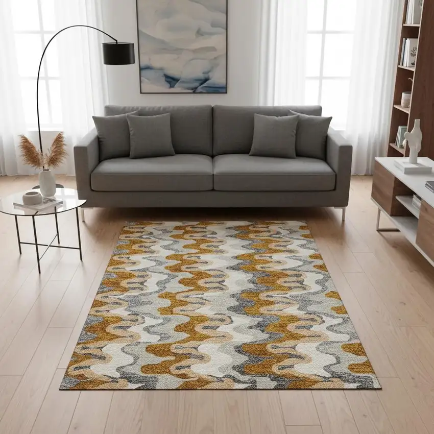 Terra Cotta Ivory And Gray Abstract Washable Area Rug With UV Protection Photo 2