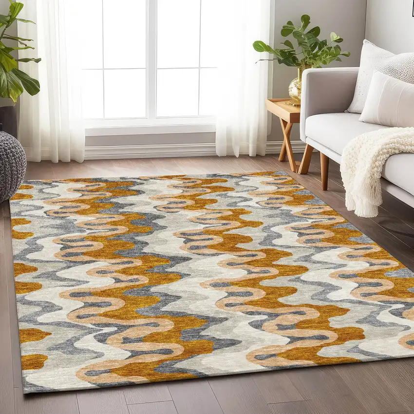 Terra Cotta Ivory And Gray Abstract Washable Area Rug With UV Protection Photo 5