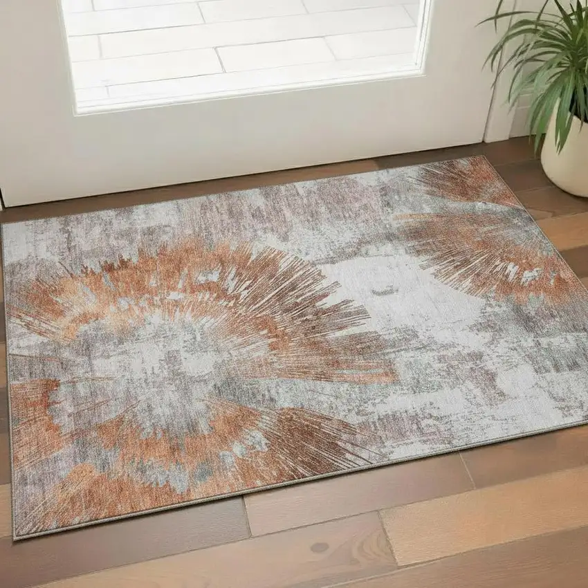 Terra Cotta Ivory And Gray Abstract Washable Area Rug With UV Protection Photo 1