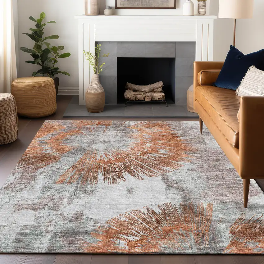 Terra Cotta Ivory And Gray Abstract Washable Area Rug With UV Protection Photo 6