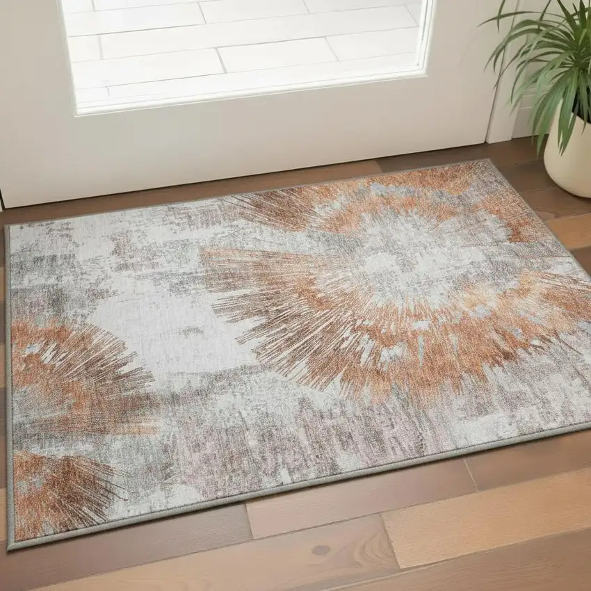 Terra Cotta Ivory And Gray Abstract Washable Area Rug With UV Protection Photo 2