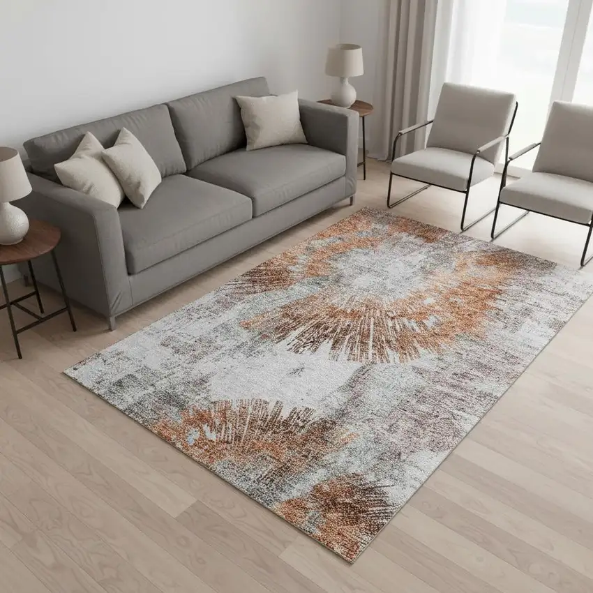 Terra Cotta Ivory And Gray Abstract Washable Area Rug With UV Protection Photo 2