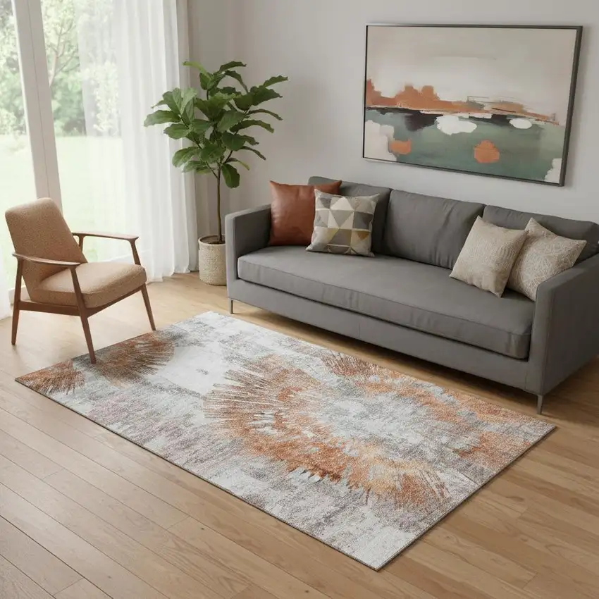 Terra Cotta Ivory And Gray Abstract Washable Area Rug With UV Protection Photo 1