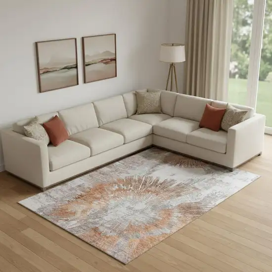 Terra Cotta Ivory And Gray Abstract Washable Area Rug With UV Protection Photo 1