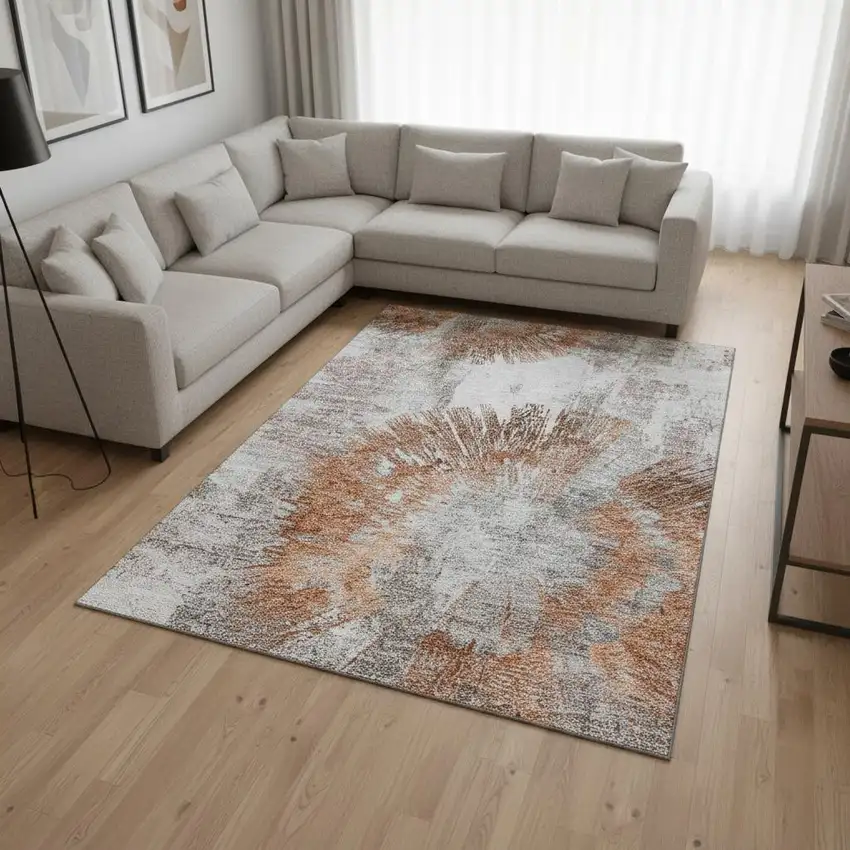 Terra Cotta Ivory And Gray Abstract Washable Area Rug With UV Protection Photo 2