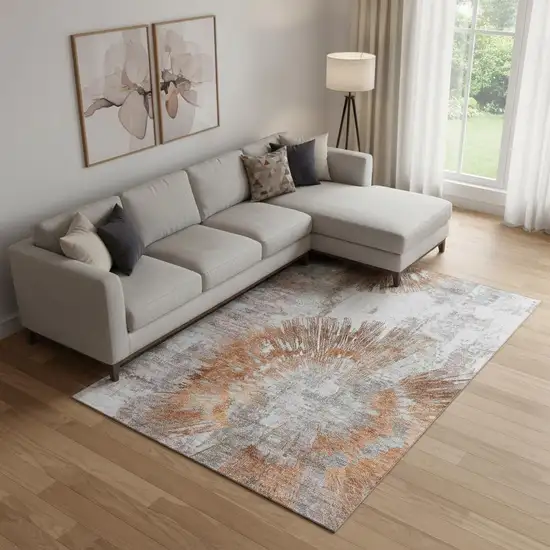 Terra Cotta Ivory And Gray Abstract Washable Area Rug With UV Protection Photo 1
