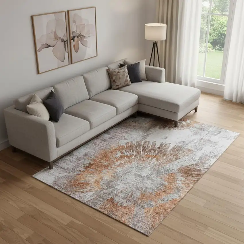 Terra Cotta Ivory And Gray Abstract Washable Area Rug With UV Protection Photo 1
