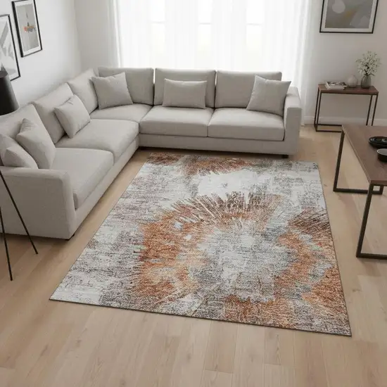 Terra Cotta Ivory And Gray Abstract Washable Area Rug With UV Protection Photo 2