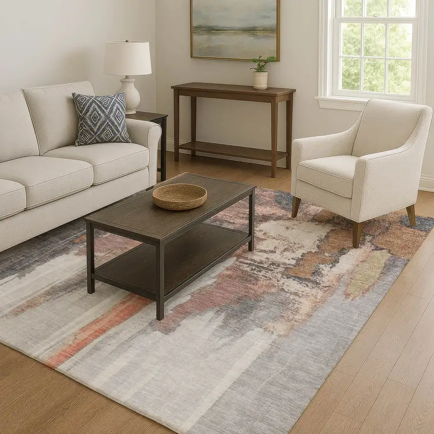 Terra Cotta Ivory And Gray Abstract Washable Area Rug With UV Protection Photo 6