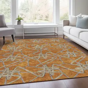 Photo of Terra Cotta Ivory And Gray Geometric Washable Area Rug With UV Protection