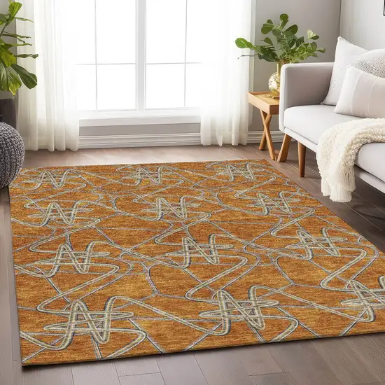 Terra Cotta Ivory And Gray Geometric Washable Area Rug With UV Protection Photo 4