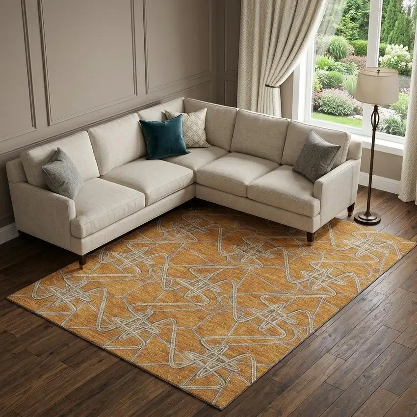 Terra Cotta Ivory And Gray Geometric Washable Area Rug With UV Protection Photo 1