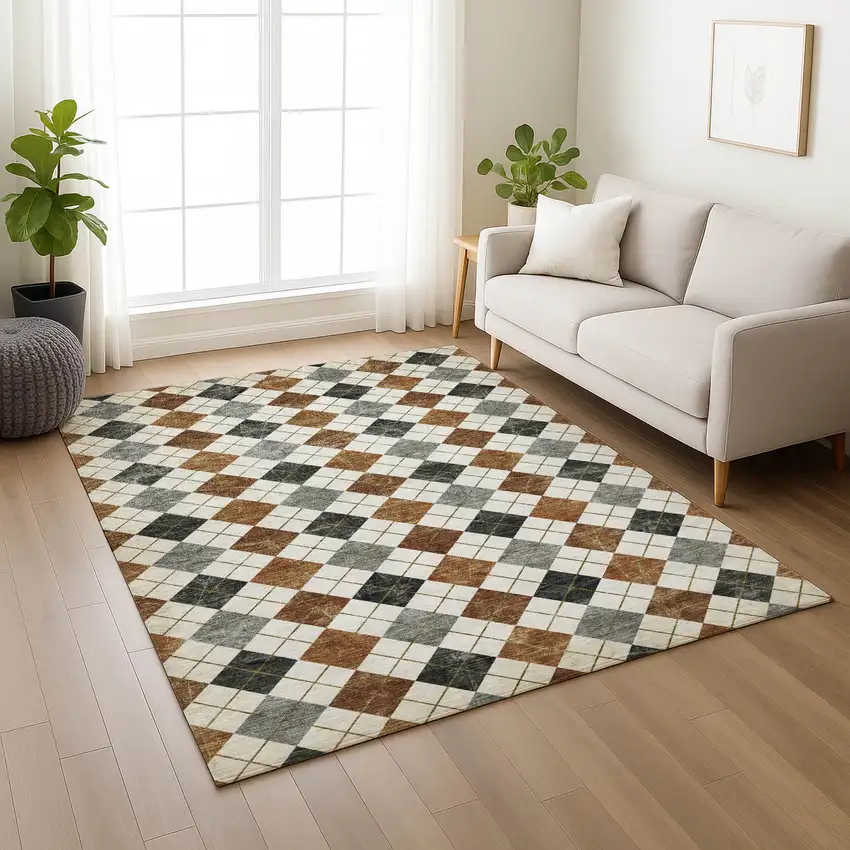Terra Cotta Ivory And Gray Geometric Washable Indoor Outdoor Area Rug Photo 7