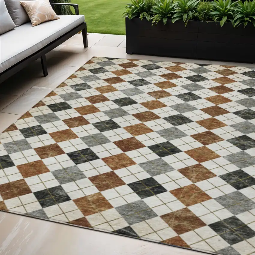 Terra Cotta Ivory And Gray Geometric Washable Indoor Outdoor Area Rug Photo 1