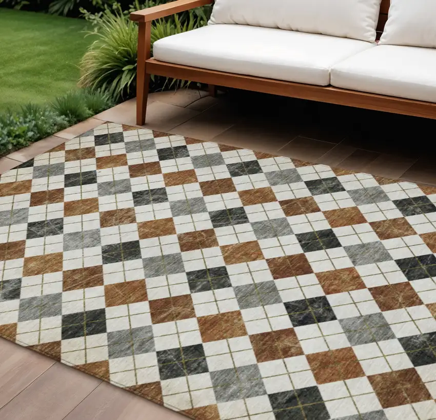 Terra Cotta Ivory And Gray Geometric Washable Indoor Outdoor Area Rug Photo 1