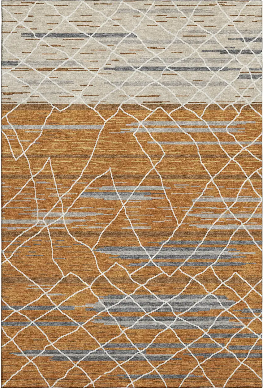 Terra Cotta Ivory And Gray Striped Washable Area Rug With UV Protection Photo 1