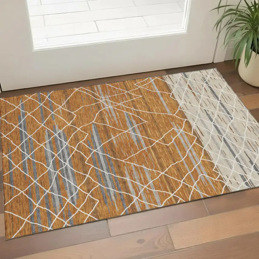 Terra Cotta Ivory And Gray Striped Washable Area Rug With UV Protection Photo 1