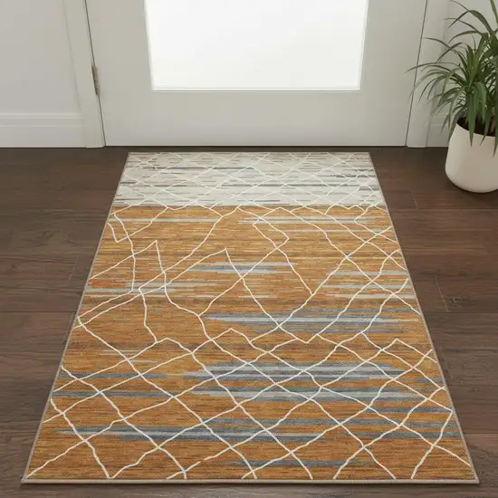 Terra Cotta Ivory And Gray Striped Washable Area Rug With UV Protection Photo 2