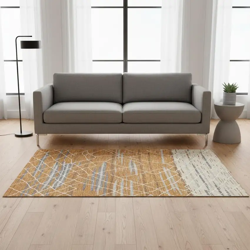 Terra Cotta Ivory And Gray Striped Washable Area Rug With UV Protection Photo 2