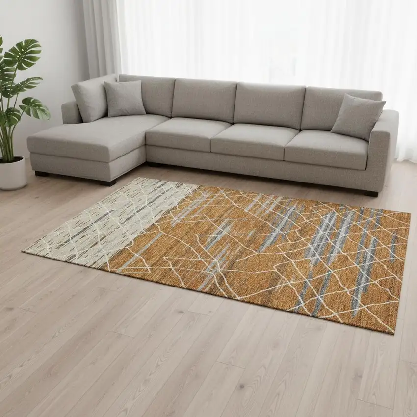 Terra Cotta Ivory And Gray Striped Washable Area Rug With UV Protection Photo 2