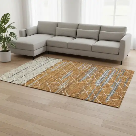 Terra Cotta Ivory And Gray Striped Washable Area Rug With UV Protection Photo 2