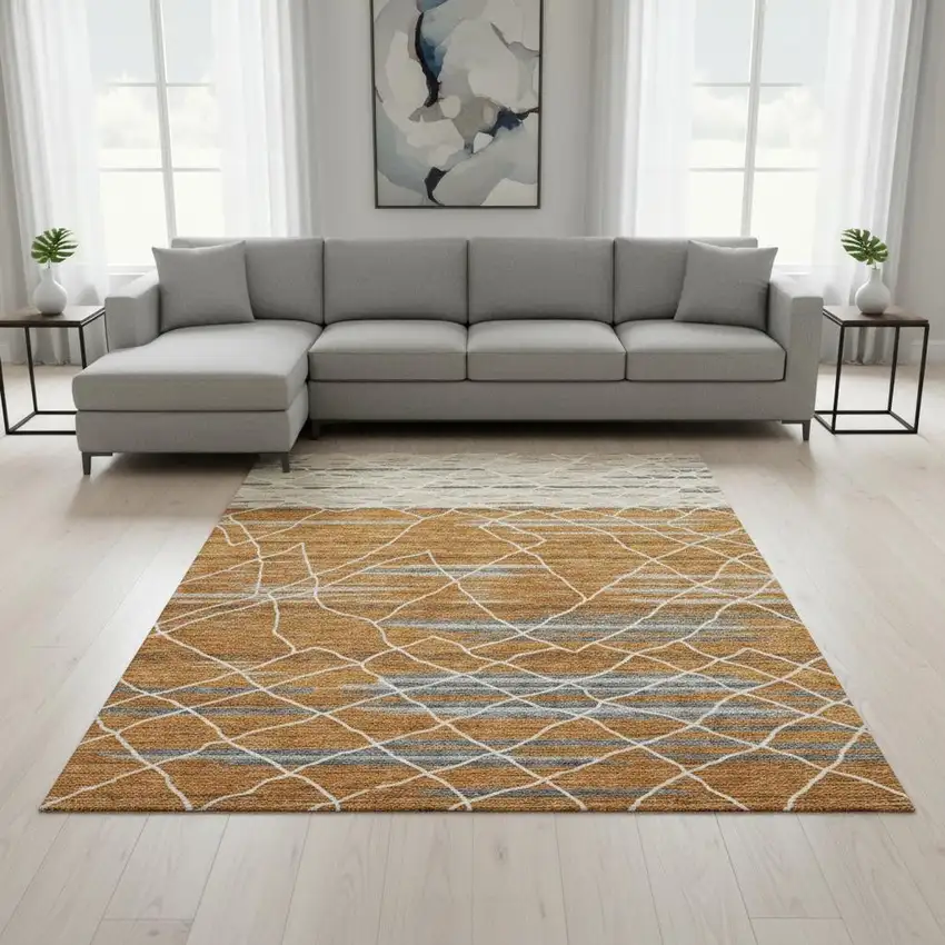 Terra Cotta Ivory And Gray Striped Washable Area Rug With UV Protection Photo 2