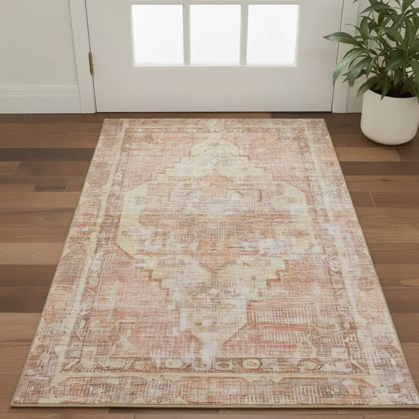 Terra Cotta Ivory And Wheat Oriental Washable Area Rug With UV Protection Photo 2