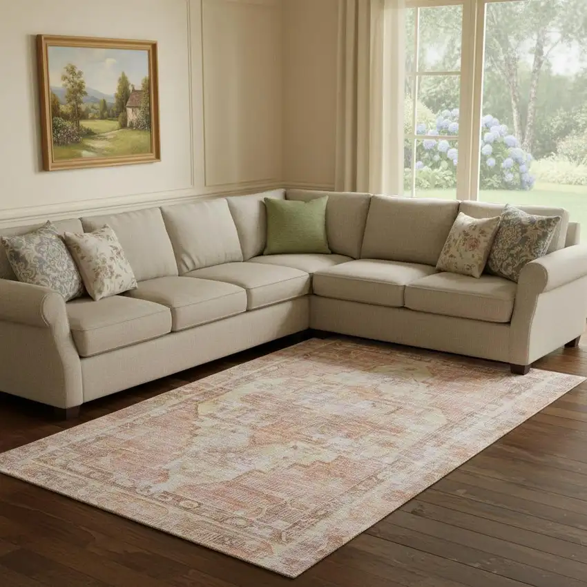 Terra Cotta Ivory And Wheat Oriental Washable Area Rug With UV Protection Photo 2