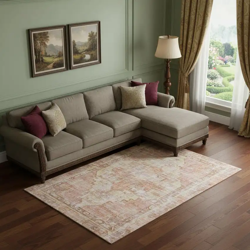 Terra Cotta Ivory And Wheat Oriental Washable Area Rug With UV Protection Photo 2