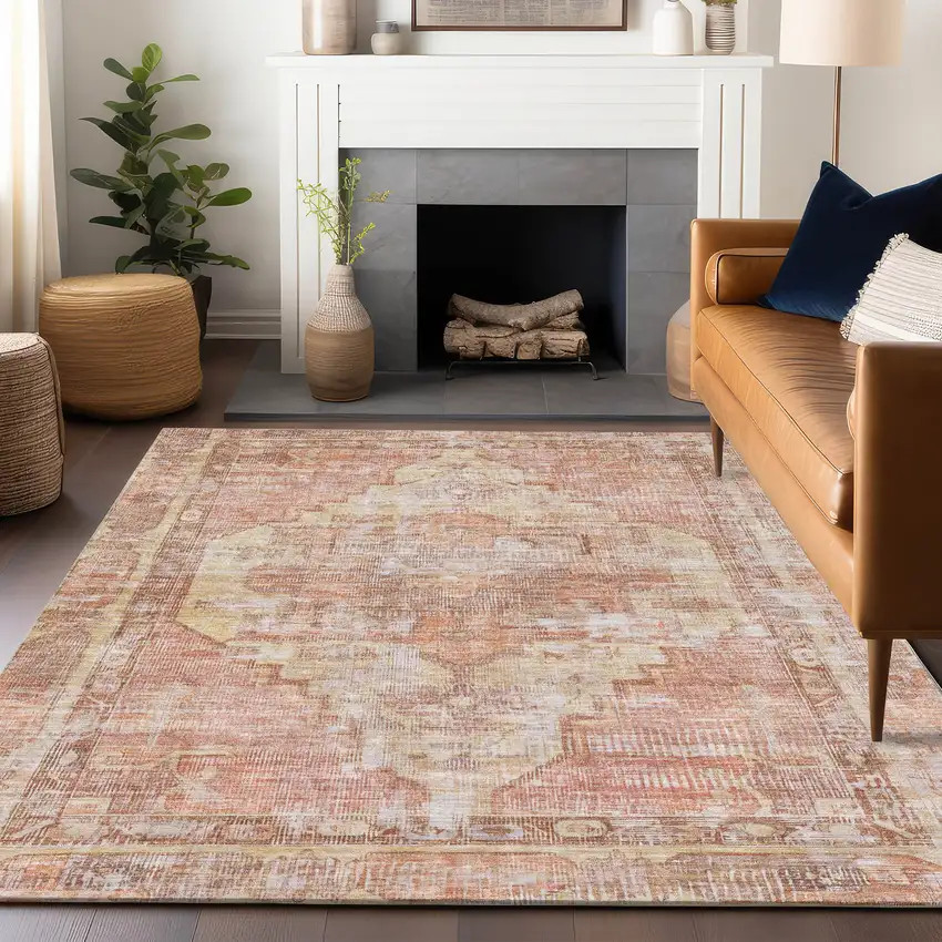Terra Cotta Ivory And Wheat Oriental Washable Indoor Outdoor Area Rug Photo 8