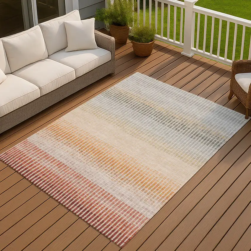 Terra Cotta Orange And Gray Striped Washable Indoor Outdoor Area Rug Photo 6