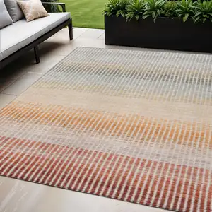 Photo of Terra Cotta Orange And Gray Striped Washable Indoor Outdoor Area Rug