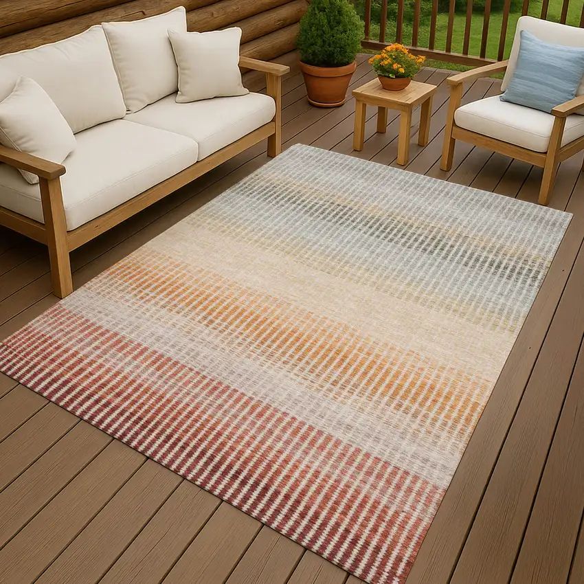 Terra Cotta Orange And Gray Striped Washable Indoor Outdoor Area Rug Photo 9