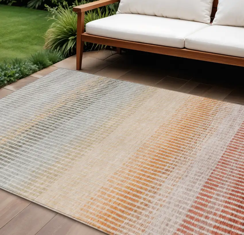 Terra Cotta Orange And Gray Striped Washable Indoor Outdoor Area Rug Photo 1
