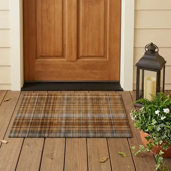 Orange Brown and Gray Plaid Washable Non Skid Indoor Outdoor Area Rug Photo 1