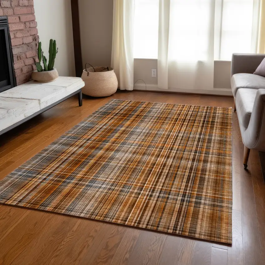 Terra Cotta Plaid Washable Non Skid Indoor Outdoor Area Rug Photo 9